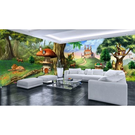 Poster géant mural grand format panoramique paysage pour enfant - Cabane, maison champignon, château