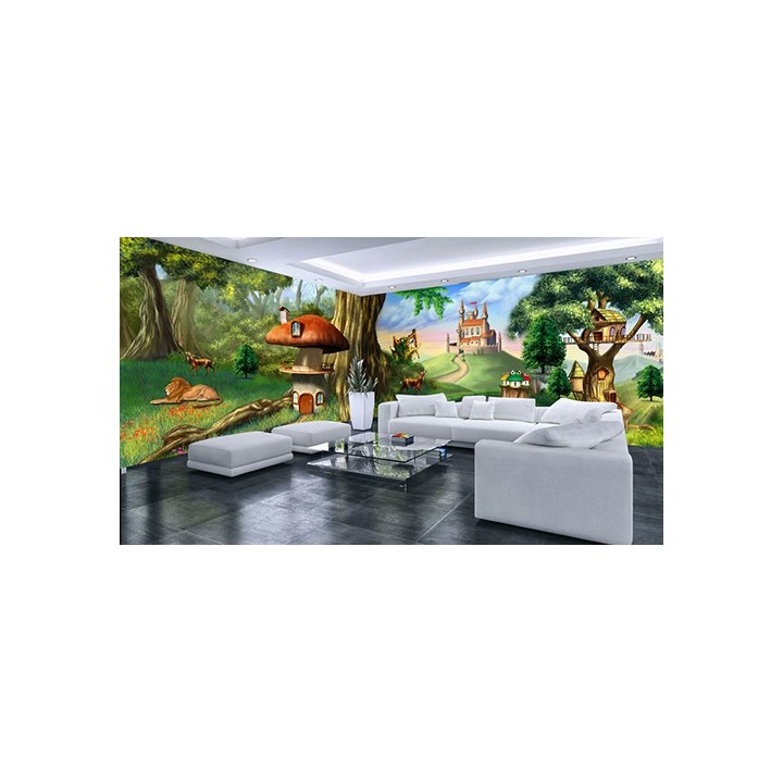 Poster géant mural grand format panoramique paysage pour enfant - Cabane, maison champignon, château