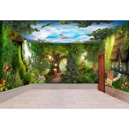 Paysage fantaisie grand panoramique - Arbre géant, forêt, animaux, maison chaussure