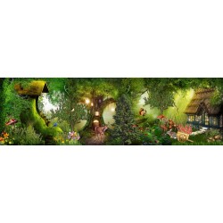 Paysage fantaisie grand panoramique - Arbre géant, forêt, animaux, maison chaussure
