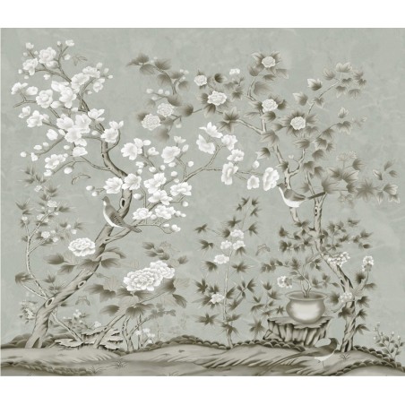 Décor zen - Tapisserie asiatique fleurs et oiseaux sur fond gris