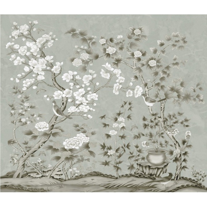 Décor zen - Tapisserie asiatique fleurs et oiseaux sur fond gris