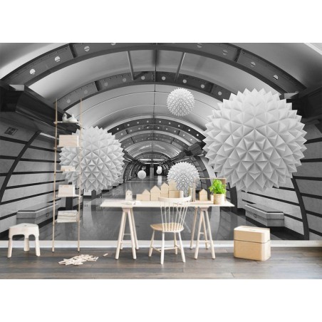 Extension d'espace - Papier peint photo moderne trompe l'œil 3D en noir blanc gris - Les boules flottantes dans le tunnel