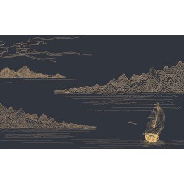 Décoration d'intérieur style japonais - Papier peint traditionnel asiatique - Montagne rivière bateau sur fond bleu foncé