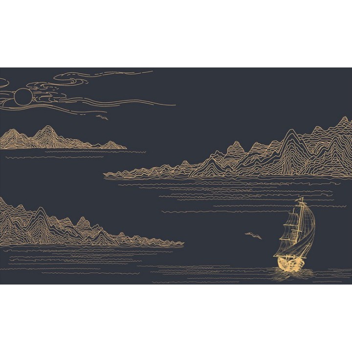 Décoration d'intérieur style japonais - Papier peint traditionnel asiatique - Montagne rivière bateau sur fond bleu foncé