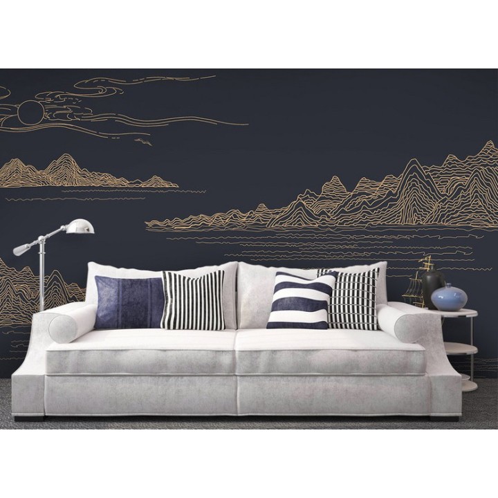 Décoration d'intérieur style japonais - Papier peint traditionnel asiatique - Montagne rivière bateau sur fond bleu foncé