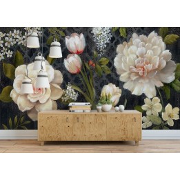 Papier peint vintage tapisserie florale - Les camélias et les tulipes