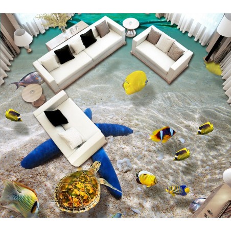 Revêtement de sol paysage fond marin trompe l'oeil 3D - Etoile de mer géante avec les coquillages et les poisson