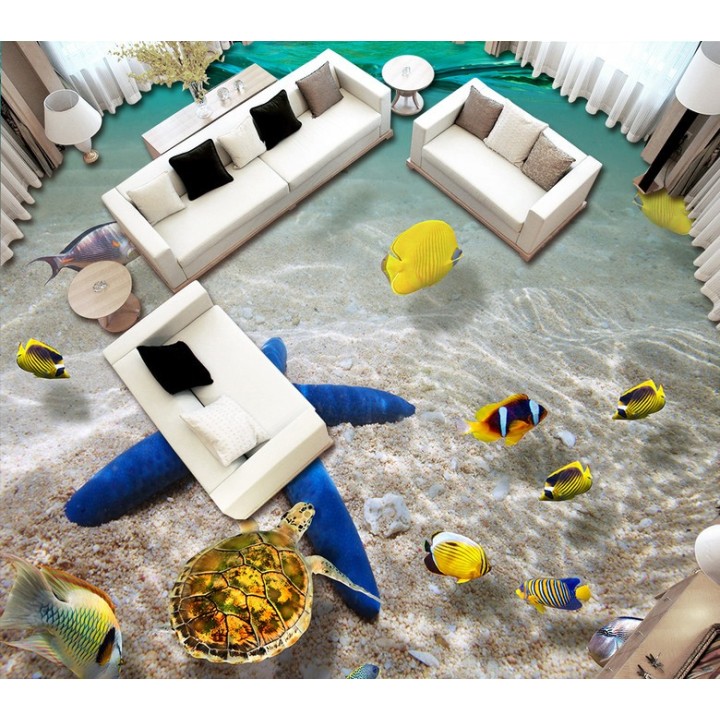 Revêtement de sol paysage fond marin trompe l'oeil 3D - Etoile de mer géante avec les coquillages et les poisson