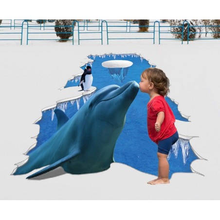 Décoration animation événementielle Revêtement de sol trompe l'oeil 3D trou au sol - Le dauphin et le pingouin sur la glace
