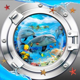 Revêtement de sol salle de bain trompe l'oeil 3D - Paysage depuis le hublot sous marin les dauphins