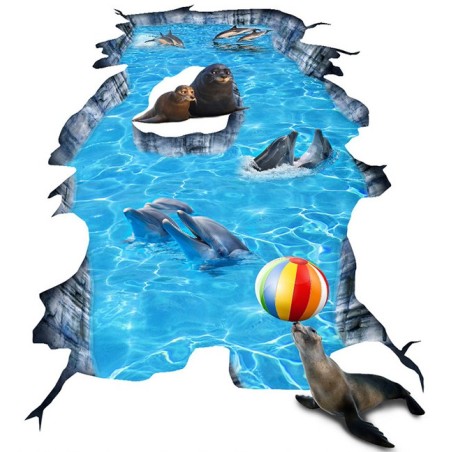 Design 3D animation événementielle Revêtement de sol trompe l'oeil trou au sol centre commercial - Les dauphins et les phoques