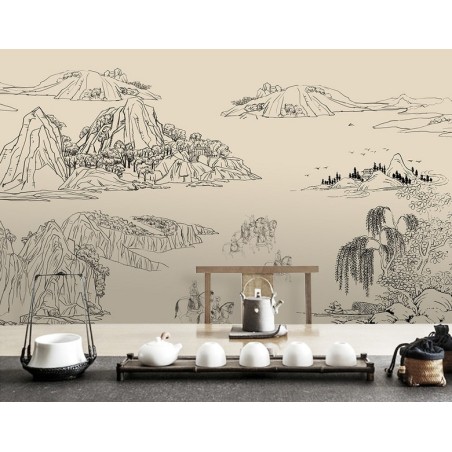 Tapisserie zen paysage asiatique dessin d'artiste japonais traits noirs sur fond beige