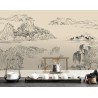Tapisserie zen paysage asiatique dessin d'artiste japonais traits noirs sur fond beige