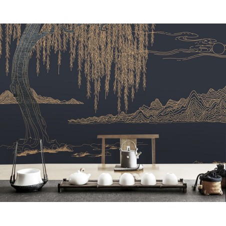 Décoration zen style japonais - Papier peint traditionnel asiatique - Montagne saule pleureur sur fond bleu foncé