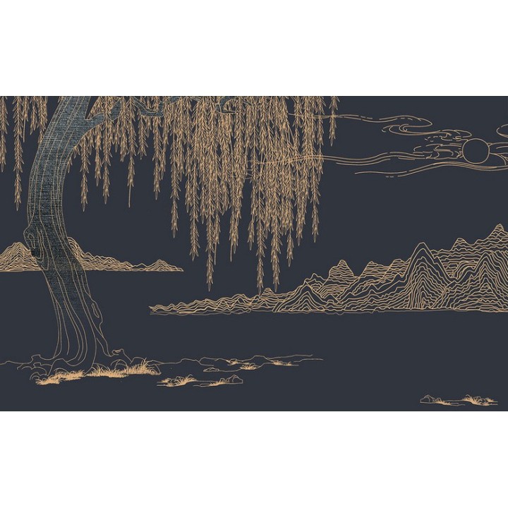 Décoration zen style japonais - Papier peint traditionnel asiatique - Montagne saule pleureur sur fond bleu foncé