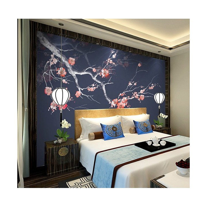 Décoration d'intérieur zen style japonais - Les fleurs Mei sur fond bleu foncé