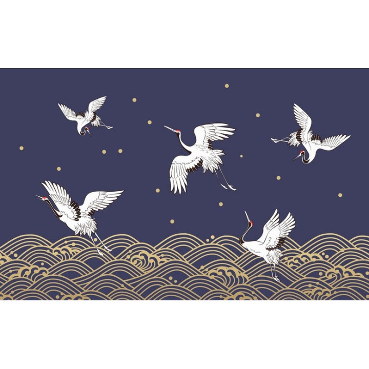 Décoration d'intérieur zen style japonais - Les grues du Japon s'envolent sur nuages dorés