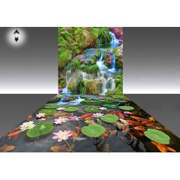 Décor combiné mur-sol 3D - Chute d'eau avec les nénuphars et les poissons - Partie sol