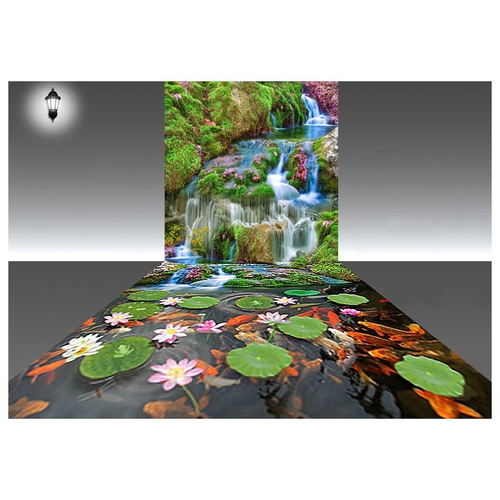 Décor combiné mur-sol 3D - Chute d'eau avec les nénuphars et les poissons - Partie mur