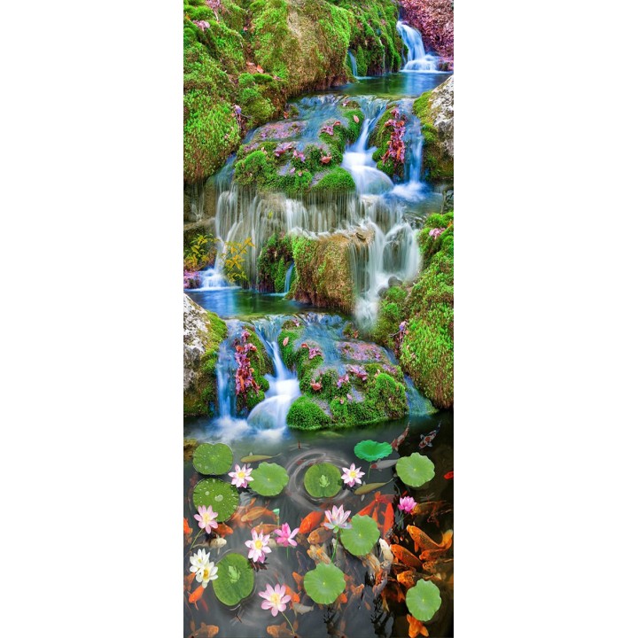 Décor combiné mur-sol 3D - Chute d'eau avec les nénuphars et les poissons - Partie mur