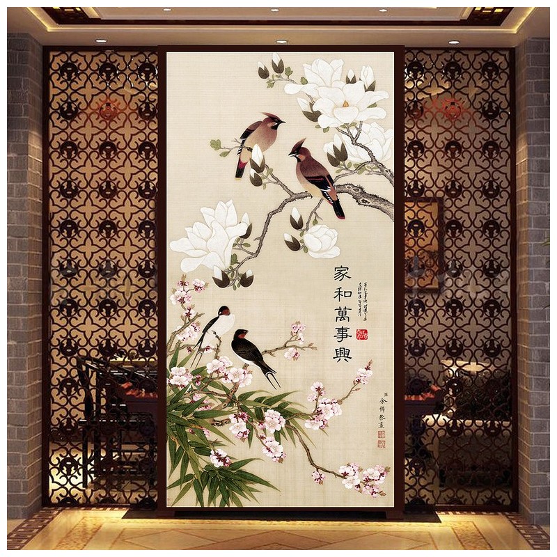 Tapisserie asiatique esprit zen format portrait - Les magnolia, les fleurs de pêcher, les bambous et les oiseaux