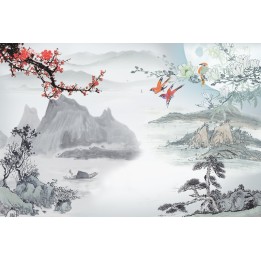 papier peint tapisserie asiatique paysage avec les fleurs et les oiseaux