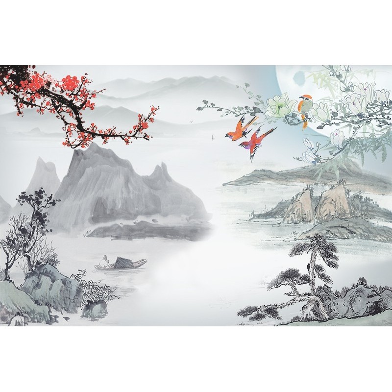 Papier peint asiatique - Paysage avec les fleurs et les oiseaux