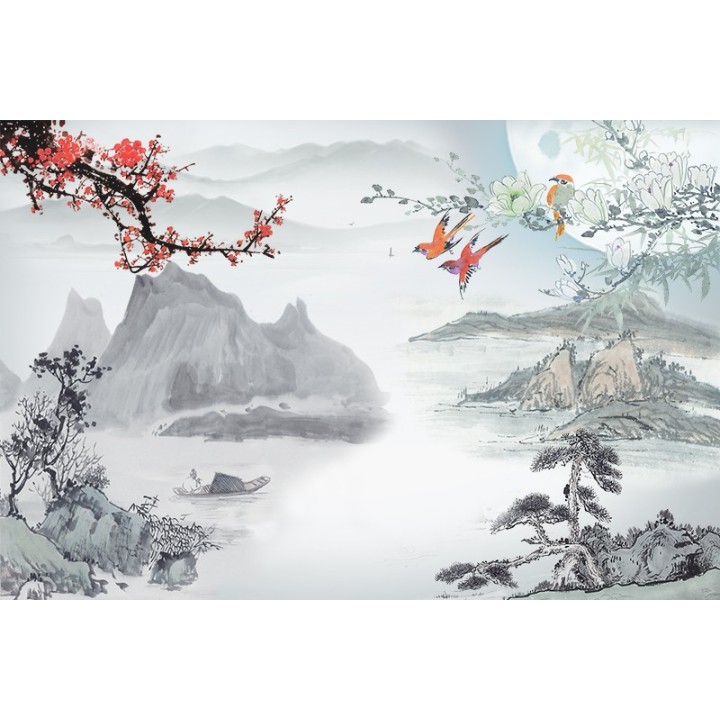 papier peint tapisserie asiatique paysage avec les fleurs et les oiseaux
