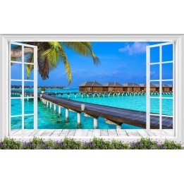 décoration trompe l'œil 3D vue depuis fenêtre - Paysage tropical hotel flottant