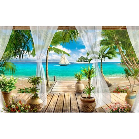 Papier peint photo paysage trompe l'œil 3D - Maison de vacances vue depuis la terrasse