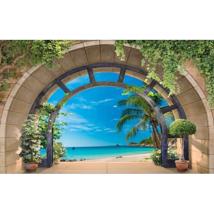 Papier peint photo paysage trompe l'œil 3D - Plage tropicale vue depuis le grand arc
