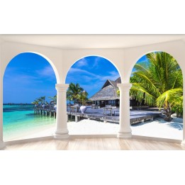 Papier peint photo paysage trompe l'œil 3D - Maison flottante vue depuis la terrasse