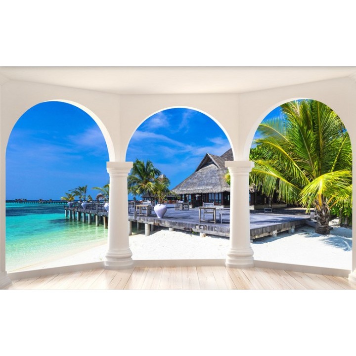 Papier peint photo paysage trompe l'œil 3D - Maison flottante vue depuis la terrasse
