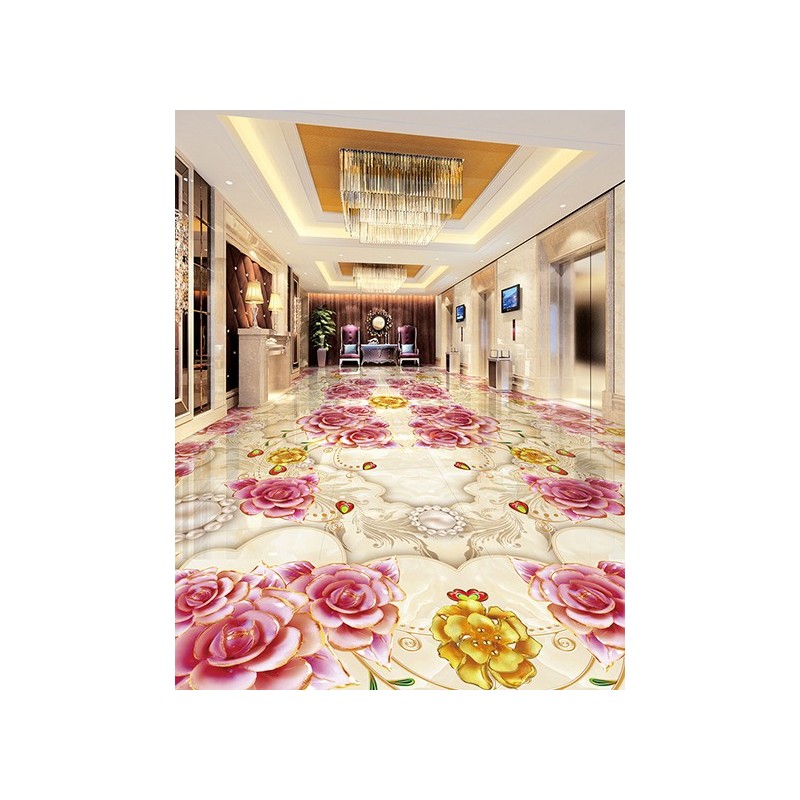 Décoration appartement temoin - Revêtement de sol 3D les fleurs de  rose et les perles sur marbre effet bas relief