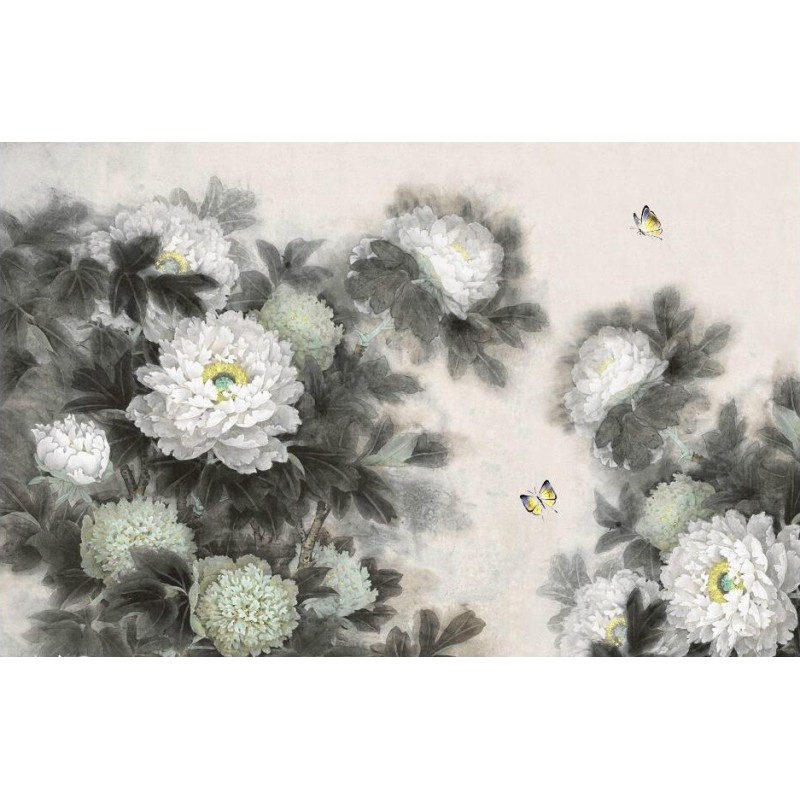 Peinture asiatique aspect ancien les pivoines et les papillons en noir et blanc format panoramique