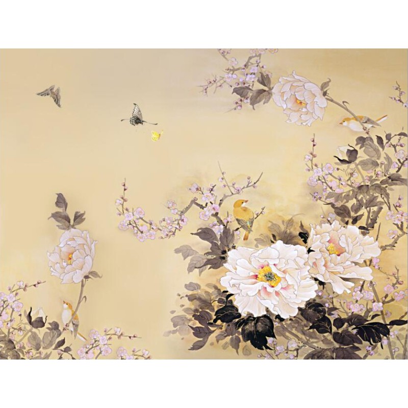 Tapisserie florale style japonais - Les pivoines, les fleurs de pêcher et les oiseaux format panoramique