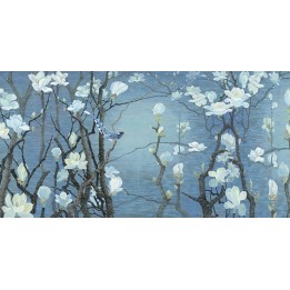 Papier peint chinois zen format panoramique - Les magnolias et les oiseaux
