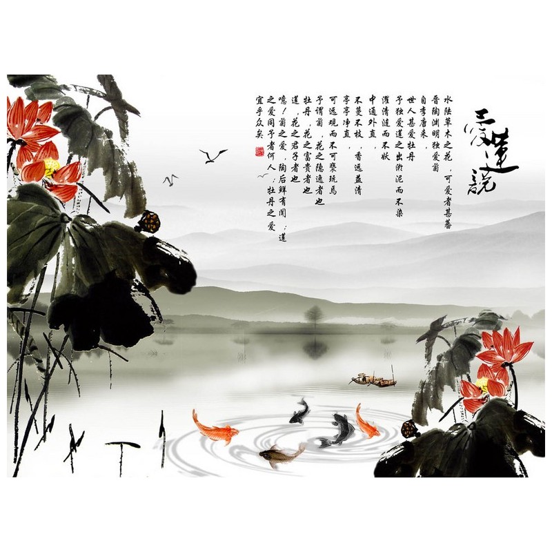 Tapisserie numérique style chinois - Paysage avec les lotus rouges et les poissons