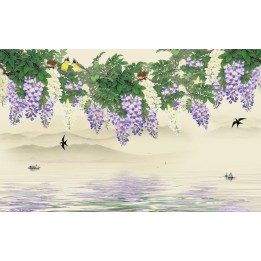Tapisserie asiatique paysage de printemps - La glycine, les hirondelles et les loriots