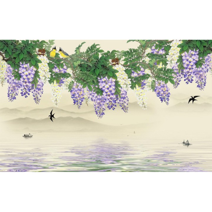 Tapisserie asiatique paysage de printemps - La glycine, les hirondelles et les loriots