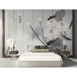 Tapisserie asiatique fond gris aspect ancien - Les lotus et le poème