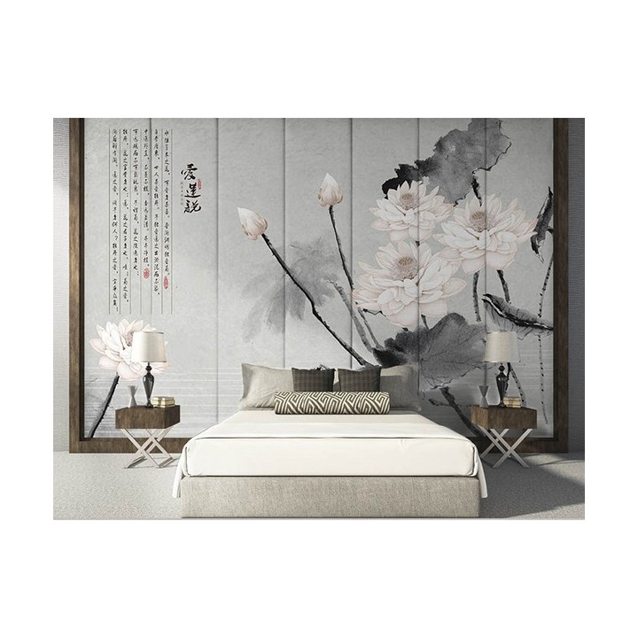 Tapisserie asiatique fond gris aspect ancien - Les lotus et le poème
