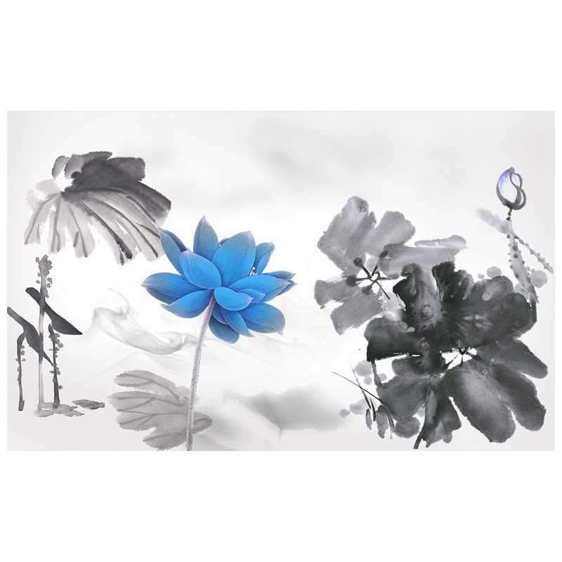 Peinture à l'encre de Chine tapisserie asiatique zen - Les lotus bleus