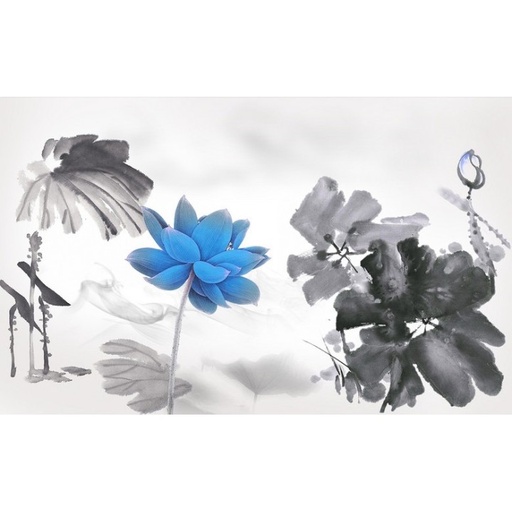 Peinture à l'encre de Chine tapisserie asiatique zen - Les lotus bleus