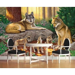 Papier peint photo d’animal issu d'un tableau d'artiste - La famille loup dans la forêt