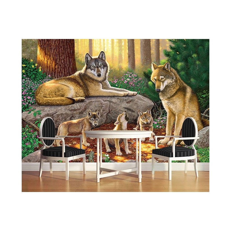 Papier peint photo d’animal issu d'un tableau d'artiste - La famille loup dans la forêt