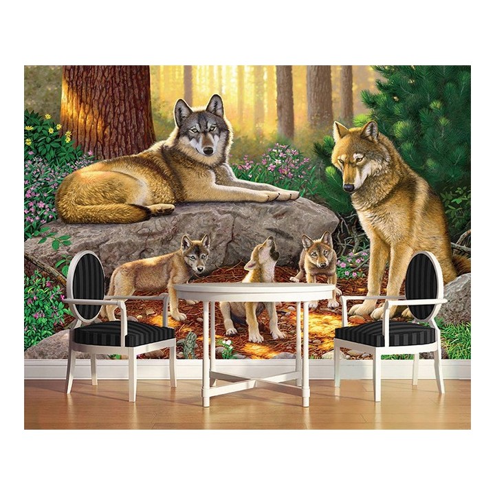 Papier peint photo d’animal issu d'un tableau d'artiste - La famille loup dans la forêt