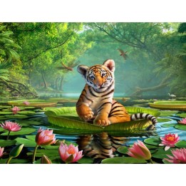 Décoration chambre d'enfant sticker XXL - Le bébé tigre sur une feuille de nénuphar géant