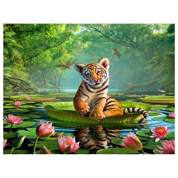 Décoration chambre d'enfant sticker XXL - Le bébé tigre sur une feuille de nénuphar géant